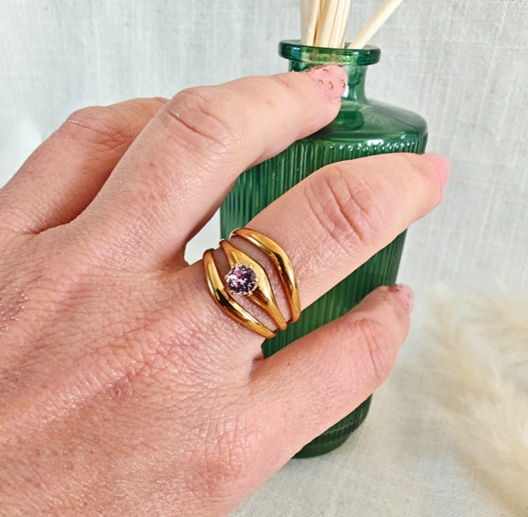 Bague Aura dorée & cristal rose